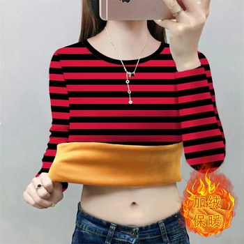 
Women's warm tops plus velvet thickened bottoming shirts for mothers casual and versatile 2025 autumn and winter new T-shirt stripes