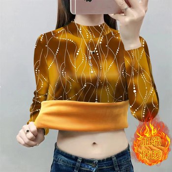 
Thickened velvet bottoming shirt for women all-in-one velvet mother's wear 2025 winter new style half turtleneck fashion printed warm clothing