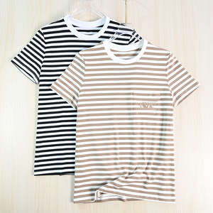 
Siqi Women's 264/30 Comfortable cotton patch pocket embroidered letters round neck slim casual short-sleeved striped T-shirt