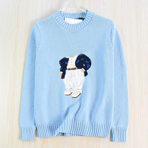 Siqi Women's 267/20 American monochrome embroidered cartoon bear thick needle cotton thread round neck casual long-sleeved sweater