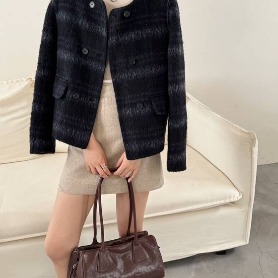 
2026 Spring New Alpaca Wool High-Quality Retro Plaid Round Neck Double-sided Wool Short Jacket