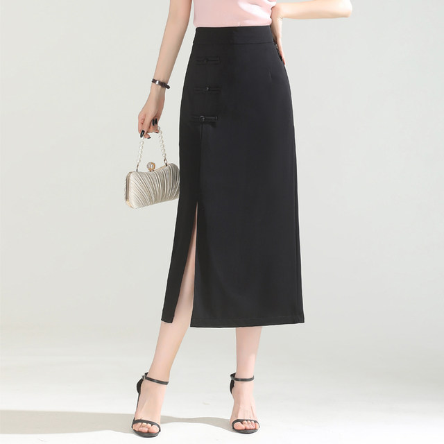 Retro Chinese style slit suit skirt for women 2025 summer thin high-waisted temperament slim straight hip long skirt