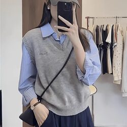 Fake Two-Piece Knitted Vest Shirt Top for Women, Spring 2026 New Casual Preppy Style Petite Shirt Jacket