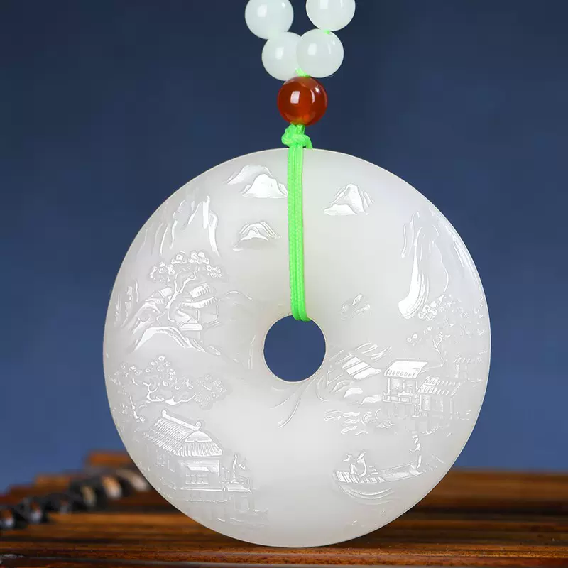 天然和田玉平安扣羊脂白玉山水吊墜男女款玉牌玉掛件GTC認證白玉吊墜