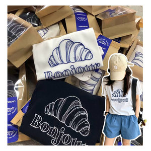 041720~Korean croissant embroidered T-shirt! New contrasting color embroidery slimming women's short-sleeved T-shirt