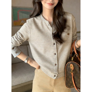 
101822~Sea salt striped cardigan Korean style! Simple striped single-breasted cardigan jacket for women
