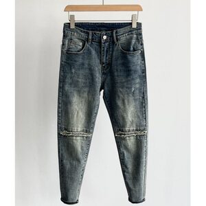 
Knee needle sewing patch small feet slim jeans men's 2025 autumn and winter new style personalized old retro stretch trousers