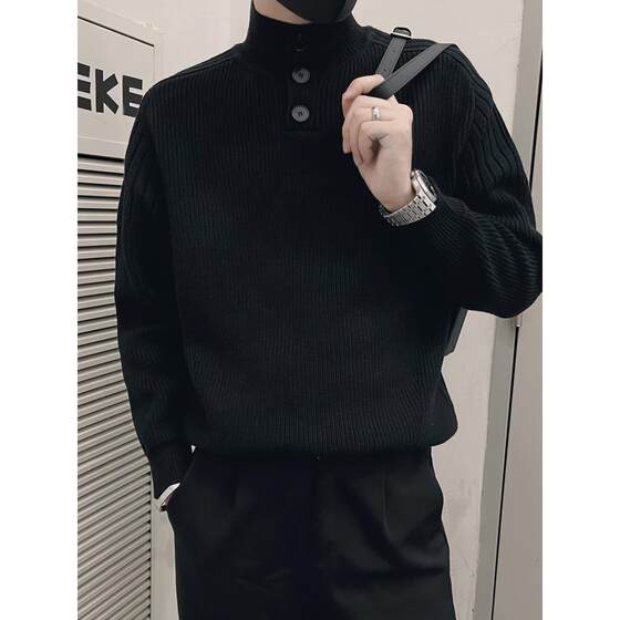 
Spring and Autumn New Men's Black Sweater High-end Bottoming Shirt with High-end Trendy Solid Color Outer Knitted Sweater
