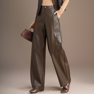 
Coffee PU leather wide-leg pants for women 2025 autumn new high-waist loose casual leather pants versatile trendy commuting long pants