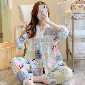 
Women's cotton silk V-neck summer thin pajamas set for 700% sleeves large size loose artificial cotton spring and autumn home clothing