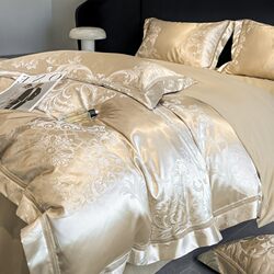 High-End 160-Count Pure Cotton Four-Piece Set, Satin Jacquard Duvet Cover, Pure Cotton Bed Sheet, Fitted Sheet, Luxury Bedding for Sleeping Naked, 4-Piece Set