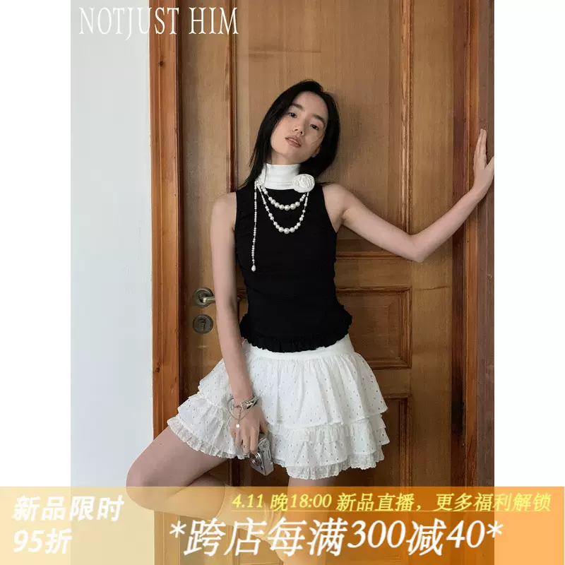 花筏NOTJUSTHIM双色拼接高领背心花朵装饰弹力修身时髦-Taobao Singapore