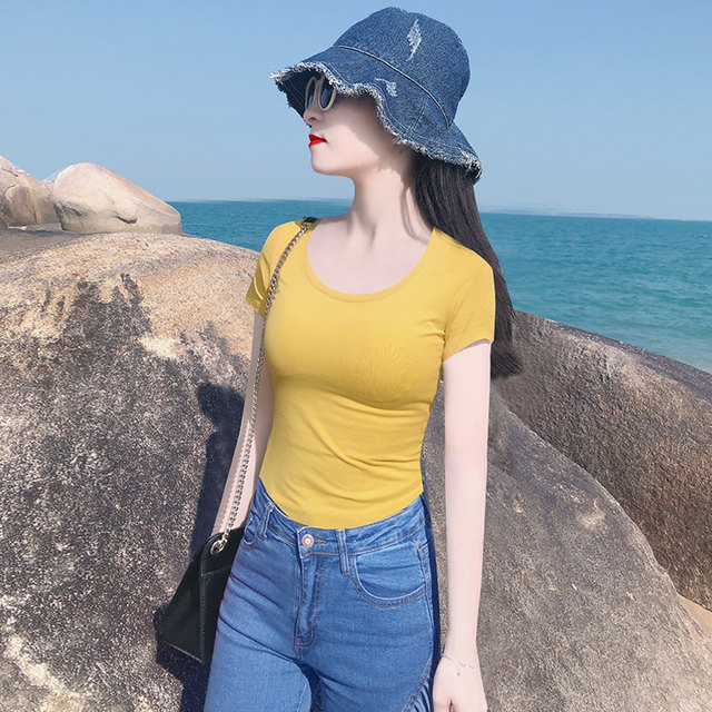 Korean version of summer new fashionable age-reducing ginger large round neck pure cotton slim short-sleeved T-shirt women's top Korean version ins