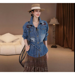 
2026 Early Spring New Style Embroidered Lapel Simple Denim Jacket Women's Trendy Versatile Slim Belted Jacket Top