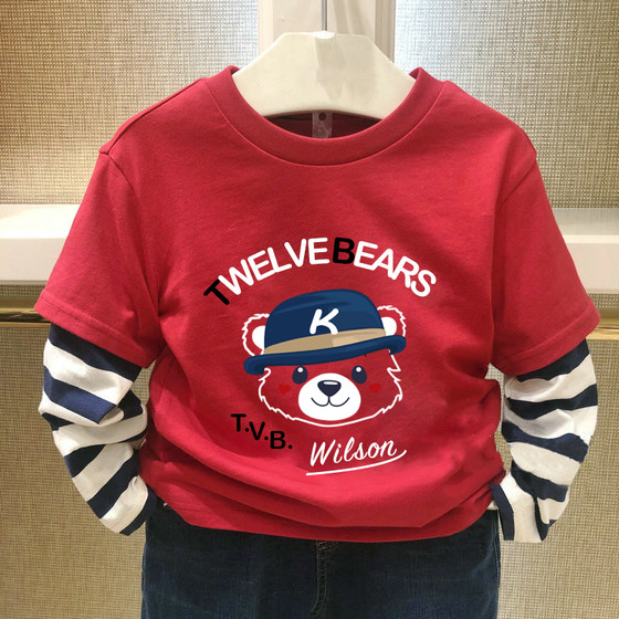 
chris children's clothing 26 spring and autumn new boys cotton long-sleeved T-shirt fake two-piece striped red versatile bottoming shirt