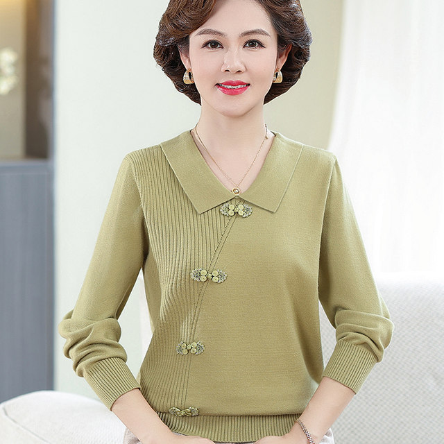 Mom's autumn clothing new sweater style lapel knitted sweater middle-aged and elderly women autumn and winter long-sleeved bottoming shirt top