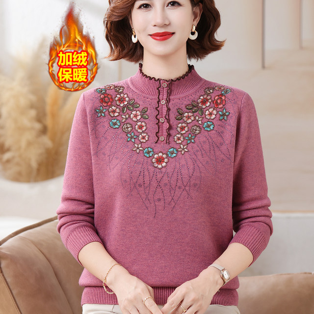 Mom's winter clothing, western style plus velvet warm sweater, loose embroidered top, middle-aged and elderly all-in-one velvet thickened bottoming shirt