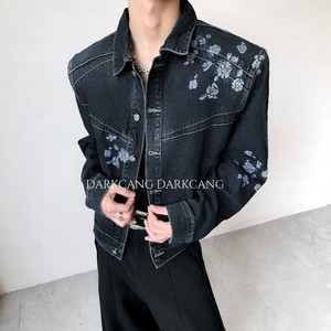 
Heicangshe/Light luxury rose print design dark blue shoulder pad denim jacket men's short denim jacket