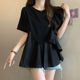 Large size fat mm ruffled spliced ​​short-sleeved T-shirt for women 2024 summer new design, age-reducing slim top for women
