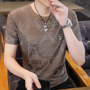 
Ice silk T-shirt men's short-sleeved summer thin slim Korean style trendy jacquard T-shirt large size quick-drying breathable top