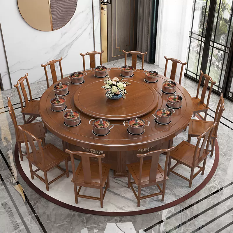 新中式实木餐桌椅组合酒店会所火锅桌饭店包厢酒楼电动