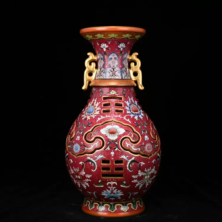 大清乾隆年制胭脂红珐琅彩轧道花卉纹交泰瓶转心瓶古玩古董瓷器-Taobao