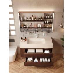 New Minimalist Mid-Century Style Rock Slab Heat-Bent Integrated Side Storage Bathroom Cabinet Combination Washbasin Sink