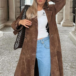 
Spot European and American cross-border 2024 autumn and winter women's retro coat temperament brown lace-up waist-closing long jacket