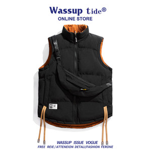 WASSUP TIDE Men's Vest Trendy Brand Reversible Down Cotton Vest Clip Thickened Warm Stand-up Collar Vest