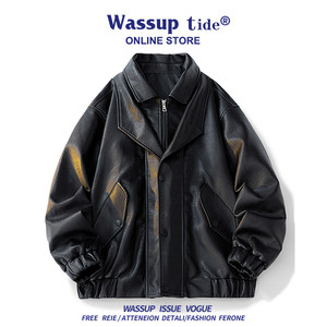 
WASSUP TIDE men's lapel leather jacket, motorcycle style, high-end, handsome jacket, fashionable velvet warm jacket