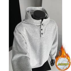 2025 Autumn and Winter Fleece-Lined American Style Short Sweatshirt for Men, Loose Button-Up Hooded Jacket, Stiff and Warm, Loose-Fit Outerwear