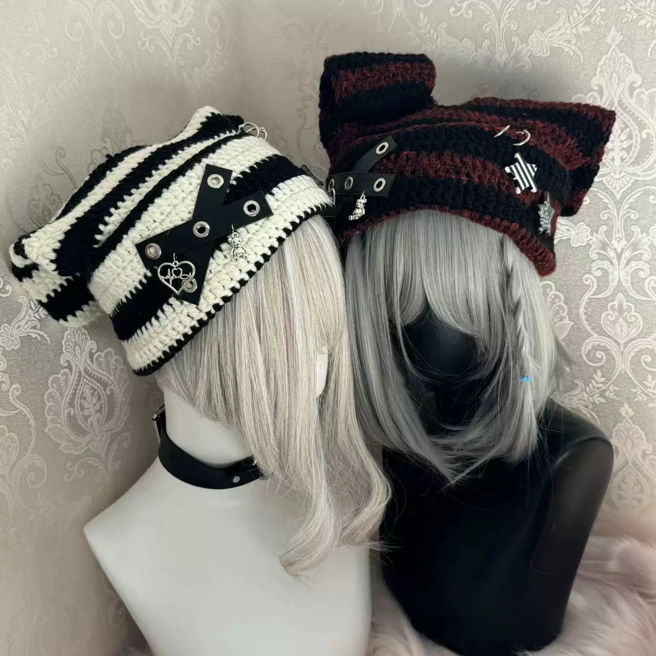 千禧辣妹亚文化条纹兔耳帽Y2K少女可爱保暖垂耳兔帽子甜酷针织帽-Taobao 