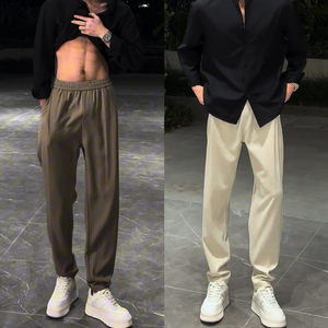 New summer anti-wrinkle silky drooping tapered foot pants for men's fashionable solid color simple loose breathable casual trousers
