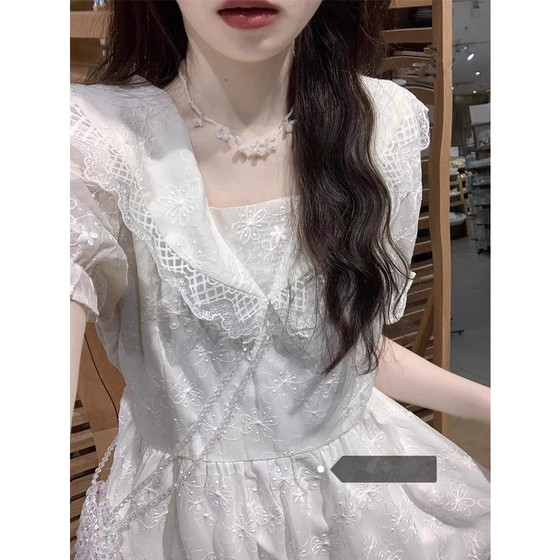 
Coffee break on the run for princess long skirt for women in summer gentle style French first love sweet doll necklace high waist dress