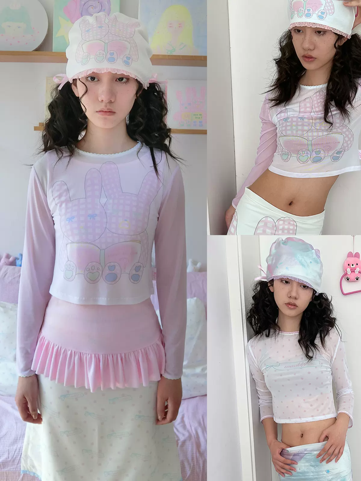 wackkY Z ｜ 原创设计可爱印花正肩长袖网纱上衣辣妹透视打底衫-Taobao 