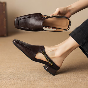 
Ladyblack French Baotou Half Slippers Women's Thick Medium Heel Mule Outer Sandals 32 Sizes 41-43 Summer