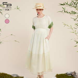 
One city painting, summer slim temperament hollow lace design high waist mid-style dress for women