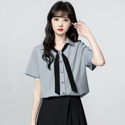 Gray Polo Collar Short-Sleeved Shirt for Women, Summer 2026 New Style, Preppy Style Ribbon V-Neck Shirt, Unique Top