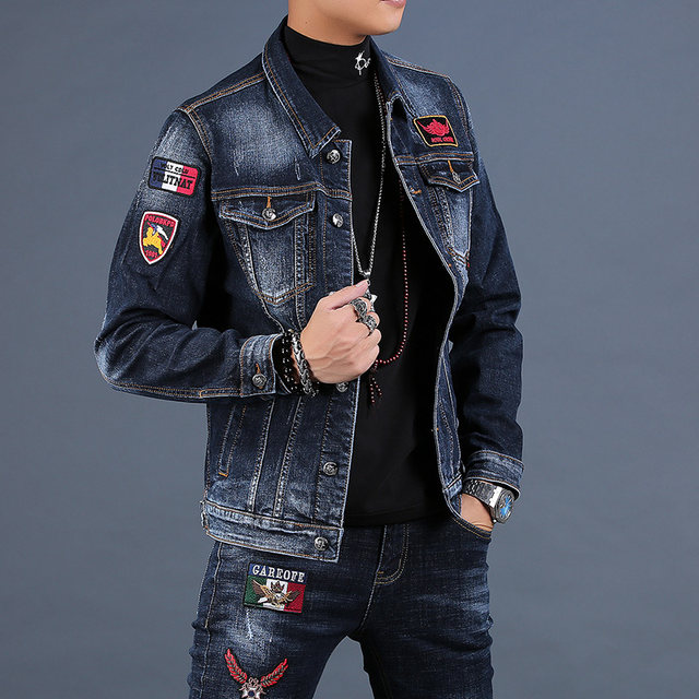 Men's embroidered high-end denim jacket men's trendy brand loose denim ...