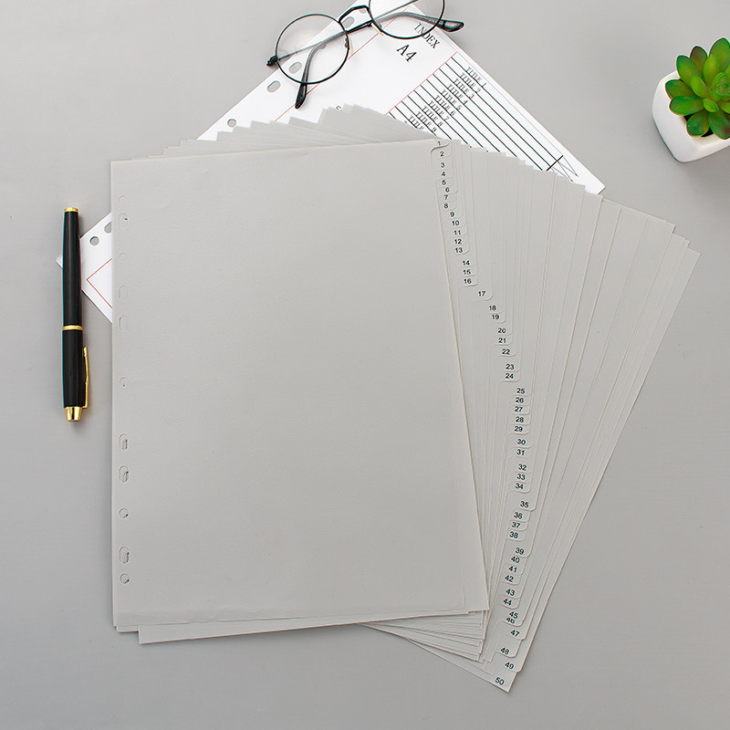 YUANHUANG 50 페이지 페이징 종이 스페이서 종이 플라스틱 분류 카드 50 페이지 라벨 분류 디렉토리 라벨 11 홀 스페이서 카드-