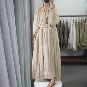 
Morning language High-quality ramie dress Large size loose casual long skirt Summer romantic French vacation style big skirt
