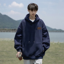 Navy Blue Hooded Sweatshirt for Men, Spring and Autumn 2026 New Trendy Brand Heavyweight Winter Style, Fleece-Lined, Thickened, Loose-Fitting Jacket