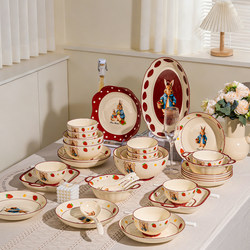 2026 New Luxury Style Bowl and Plate Set with Underglaze Color Cartoon Rabbit Ceramic Bowls, Chopsticks, and Plates Complete Set for Home Use