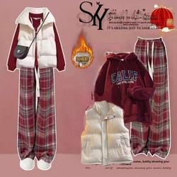 New Year and Spring Festival 16-Year-Old Student 14-Year-Old Girl Autumn and Winter Sweet Vest Cotton Jacket Fleece-Lined Plaid Pants Three-Piece Set 15-Year-Old Trendy