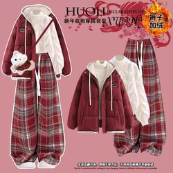 Girls' Fashionable New Year's Warm Cotton Clothing Set for Junior High School Students, Salt-Style Knitted Sweater, Woolen Plaid Pants Three-Piece Set