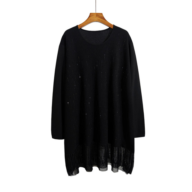 Large size knitted dress for women in autumn and winter new loose round neck and inner temperament versatile tassel diamond-set top outside wear
