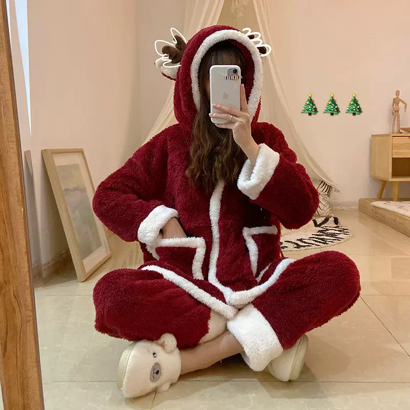 Coral Fleece Red Christmas Pajamas Suit Women's Winter Furry-Taobao