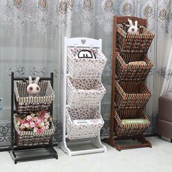 Solid Wood Storage Rack, Snack Storage Rack, Universal Book and Newspaper Rack for Bedroom and Living Room, Rattan Multi-Layer Floor-Standing Storage Basket for Miscellaneous Items