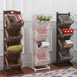 Storage Basket, Rattan Multi-Layer Solid Wood Fabric Pastoral Bookshelf, Storage Rack, Living Room Floor-Standing Storage Basket