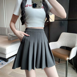 Gray Pleated Skirt with Pockets, Petite Elastic High-Waisted Stretchy Short Skirt for Women, Plus Size Slimming Half Skirt
